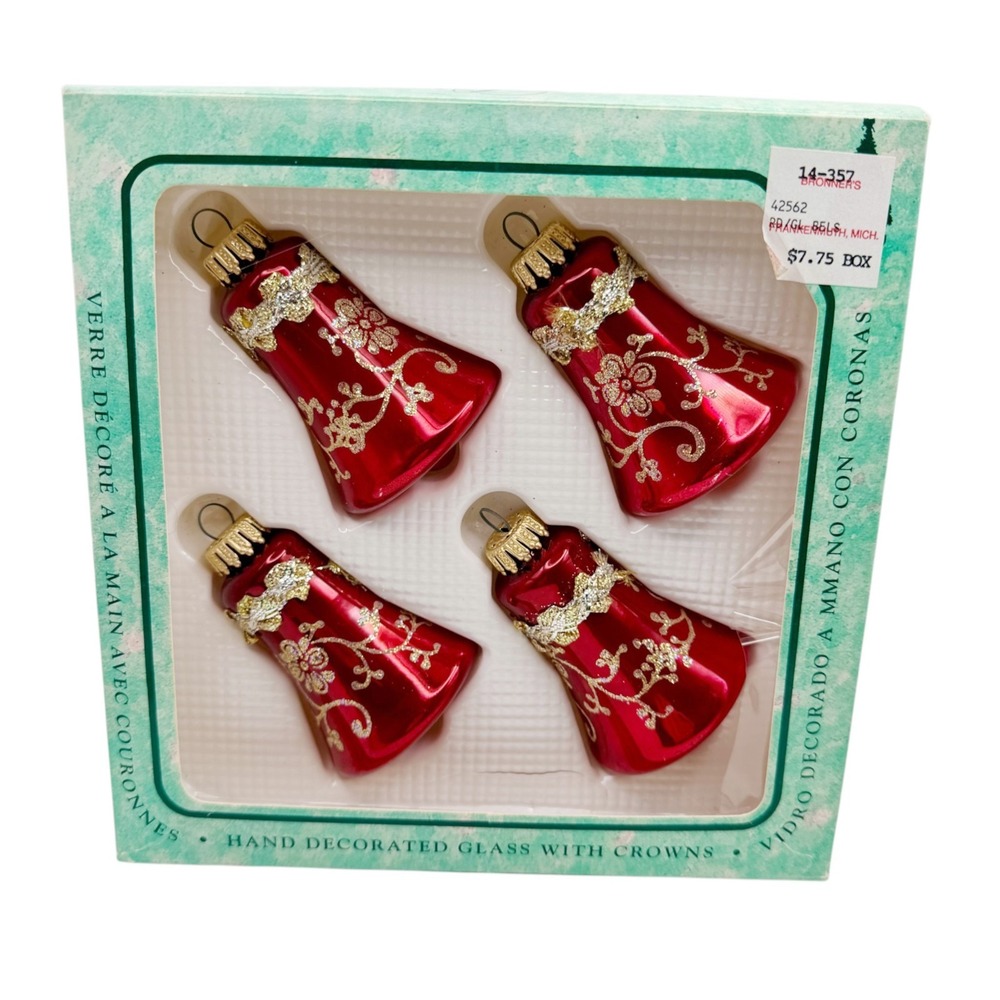 Christmas By Krebs 4 Red Glass Bell Ornaments Boxed Hand Decorated USA Vintage